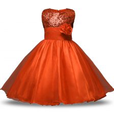  Orange Red Organza and Sequined Zipper Scoop Sleeveless Knee Length Toddler Flower Girl Dress Bowknot and Belt and Hand Made Flower