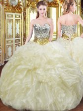 Dramatic Light Yellow Lace Up Quince Ball Gowns Beading and Ruffles Sleeveless Floor Length