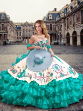 Beauteous Turquoise Organza and Taffeta Lace Up Sweetheart Sleeveless Floor Length Quince Ball Gowns Embroidery and Ruffled Layers