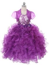  Floor Length Lace Up Girls Pageant Dresses Purple for Wedding Party with Ruffles and Sequins and Bowknot