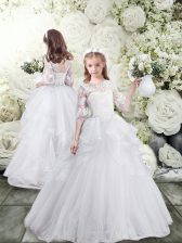 Superior Tulle Scoop Half Sleeves Brush Train Lace Up Lace and Ruffles Flower Girl Dress in White