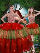 Romantic Sleeveless Floor Length Beading and Ruffled Layers Lace Up Sweet 16 Quinceanera Dress with Wine Red