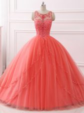 Attractive Coral Red Sleeveless Brush Train Beading and Lace Sweet 16 Quinceanera Dress