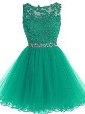 Smart Scoop Sleeveless Homecoming Dress Mini Length Beading and Lace and Appliques and Belt Green Tulle