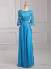  Baby Blue Empire Beading and Lace and Belt Prom Dresses Zipper Chiffon 3 4 Length Sleeve Floor Length