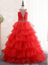  Red Sleeveless Beading and Ruffled Layers Floor Length Little Girls Pageant Dress