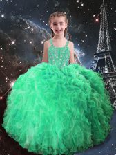  Apple Green Sleeveless Floor Length Beading and Ruffles Lace Up Child Pageant Dress