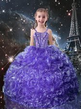 Fantastic Sleeveless Floor Length Beading and Ruffles Lace Up Little Girls Pageant Dress with Purple