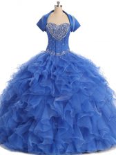 Fitting Blue Ball Gowns Beading and Ruffles Vestidos de Quinceanera Lace Up Organza Sleeveless Floor Length