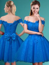 Trendy A-line Dama Dress Blue Off The Shoulder Tulle Sleeveless Knee Length Lace Up