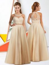  Sleeveless Floor Length Lace Zipper Quinceanera Court of Honor Dress with Champagne