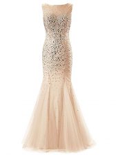 Fancy Champagne Sleeveless Tulle Zipper Prom Gown for Prom and Military Ball