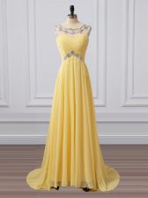 Decent Brush Train Empire Dress for Prom Yellow Scoop Chiffon Sleeveless Clasp Handle