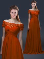 Sumptuous Rust Red Short Sleeves Chiffon Lace Up for Prom and Party