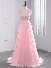Decent Baby Pink Side Zipper Prom Gown Appliques Sleeveless Brush Train
