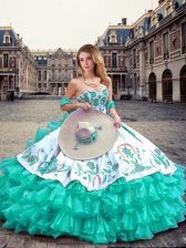 Hot Selling Sleeveless Organza and Taffeta Floor Length Lace Up Quinceanera Dresses in Turquoise with Embroidery and Ruffled Layers