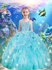 Fashionable Ball Gowns Little Girl Pageant Dress Aqua Blue Straps Organza Sleeveless Floor Length Lace Up