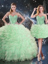 Edgy Apple Green Ball Gowns Sweetheart Sleeveless Organza Floor Length Lace Up Beading and Ruffles Quinceanera Gown