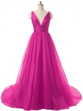 Adorable Fuchsia Backless Prom Evening Gown Ruching Sleeveless Brush Train