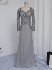  Grey Column/Sheath Lace Sweetheart Long Sleeves Beading and Lace Floor Length Zipper Prom Evening Gown