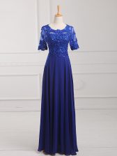  Half Sleeves Chiffon Floor Length Zipper Evening Dress in Royal Blue with Lace and Appliques