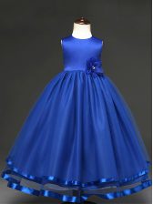 Elegant Royal Blue Ball Gowns Scoop Sleeveless Tulle Floor Length Zipper Hand Made Flower Child Pageant Dress