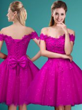  Fuchsia Dama Dress for Quinceanera Prom and Party with Lace and Belt Off The Shoulder Cap Sleeves Lace Up