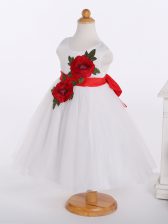 Cute Sleeveless Bowknot and Hand Made Flower Zipper Flower Girl Dress