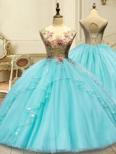  Aqua Blue Sleeveless Floor Length Appliques Lace Up Quince Ball Gowns