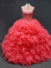Fitting Ball Gowns 15th Birthday Dress Coral Red Scoop Organza Sleeveless Floor Length Lace Up