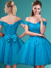 Chic Knee Length Aqua Blue Quinceanera Court of Honor Dress Tulle Cap Sleeves Lace and Belt
