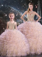  Floor Length Peach 15th Birthday Dress Organza Sleeveless Beading and Ruffles