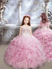  Baby Pink Sweetheart Lace Up Beading and Ruffles Girls Pageant Dresses Brush Train Sleeveless
