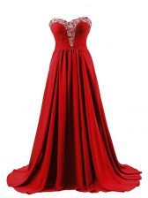 Glittering Sweetheart Sleeveless Brush Train Lace Up Prom Gown Red Elastic Woven Satin