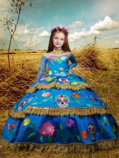  Taffeta Long Sleeves Floor Length Kids Formal Wear and Embroidery