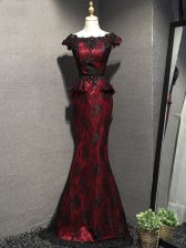 Discount Floor Length Lace Up Prom Dress Red And Black for Prom and Military Ball with Lace and Appliques