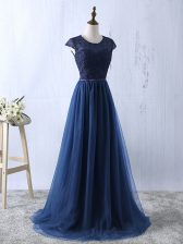 Trendy Scoop Short Sleeves Tulle Prom Party Dress Lace and Appliques Zipper