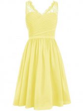 Colorful Sleeveless Knee Length Lace and Ruching Side Zipper Dama Dress with Yellow