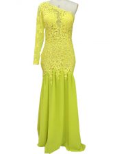 Chic Yellow One Shoulder Side Zipper Lace and Appliques Prom Evening Gown Brush Train Long Sleeves