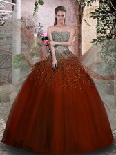Suitable Floor Length Rust Red 15th Birthday Dress Strapless Sleeveless Lace Up