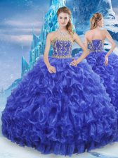 Elegant Floor Length Lace Up Ball Gown Prom Dress Royal Blue for Military Ball and Sweet 16 and Quinceanera with Beading and Appliques and Ruffles