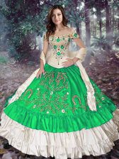  Green Lace Up Off The Shoulder Embroidery and Ruffled Layers Ball Gown Prom Dress Taffeta Sleeveless