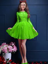  Green Chiffon Lace Up Scalloped 3 4 Length Sleeve Mini Length Quinceanera Court Dresses Beading and Lace and Appliques