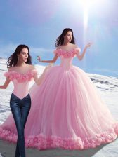 Affordable Ball Gowns Sleeveless Baby Pink 15th Birthday Dress Brush Train Lace Up
