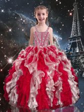  Wine Red Lace Up Little Girls Pageant Dress Beading and Ruffles Sleeveless Floor Length