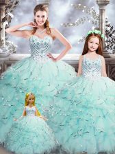 Unique Aqua Blue Ball Gowns Beading and Ruffles Sweet 16 Quinceanera Dress Lace Up Organza Sleeveless Floor Length