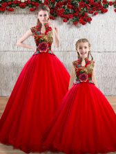  Organza High-neck Sleeveless Lace Up Appliques Sweet 16 Dresses in Red