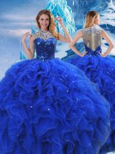  Royal Blue Sleeveless Organza Zipper 15 Quinceanera Dress for Military Ball and Sweet 16 and Quinceanera