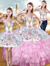  Rose Pink Organza and Taffeta Lace Up Quinceanera Gown Sleeveless Floor Length Embroidery and Ruffled Layers