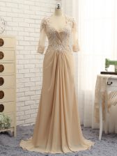 Stunning Champagne V-neck Neckline Beading and Lace and Appliques Prom Dresses Long Sleeves Zipper
